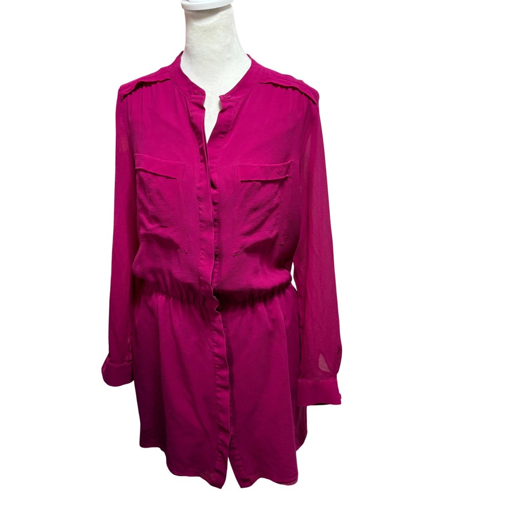 Dolce Vita Magenta Pink 100% Silk Long Sleeve Button Front Mini Shirt Dress #K76